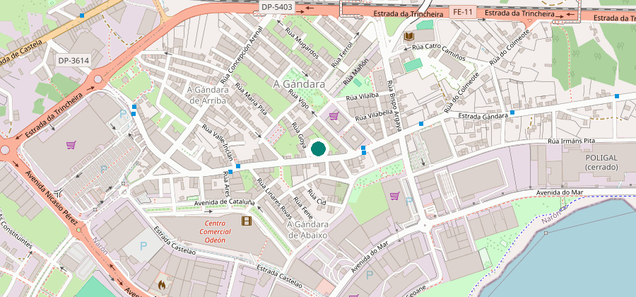 Plano de la zona de A Gándara, en Narón, con la tienda de Movvel señalada